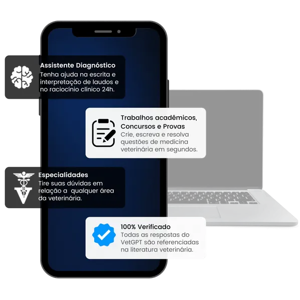 Interface da AiVets no smartphone e no computador, com assistente diagnóstico, apoio a trabalhos acadêmicos, especialidades e respostas 100% verificadas